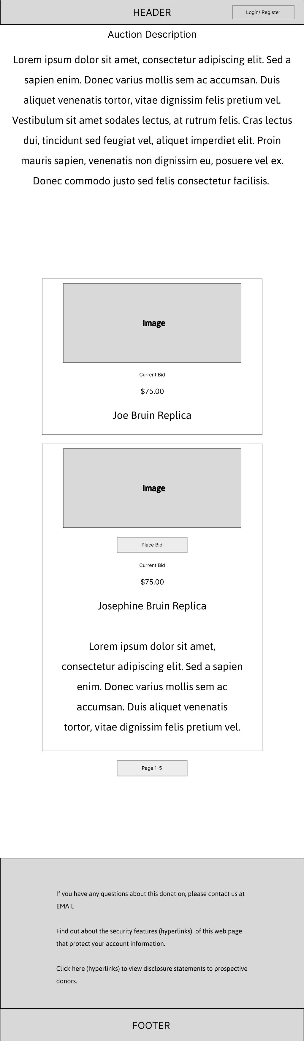 Low-fidelity wireframe of the auction item listing layout showing image placeholders, current bid display, item descriptions, and pagination