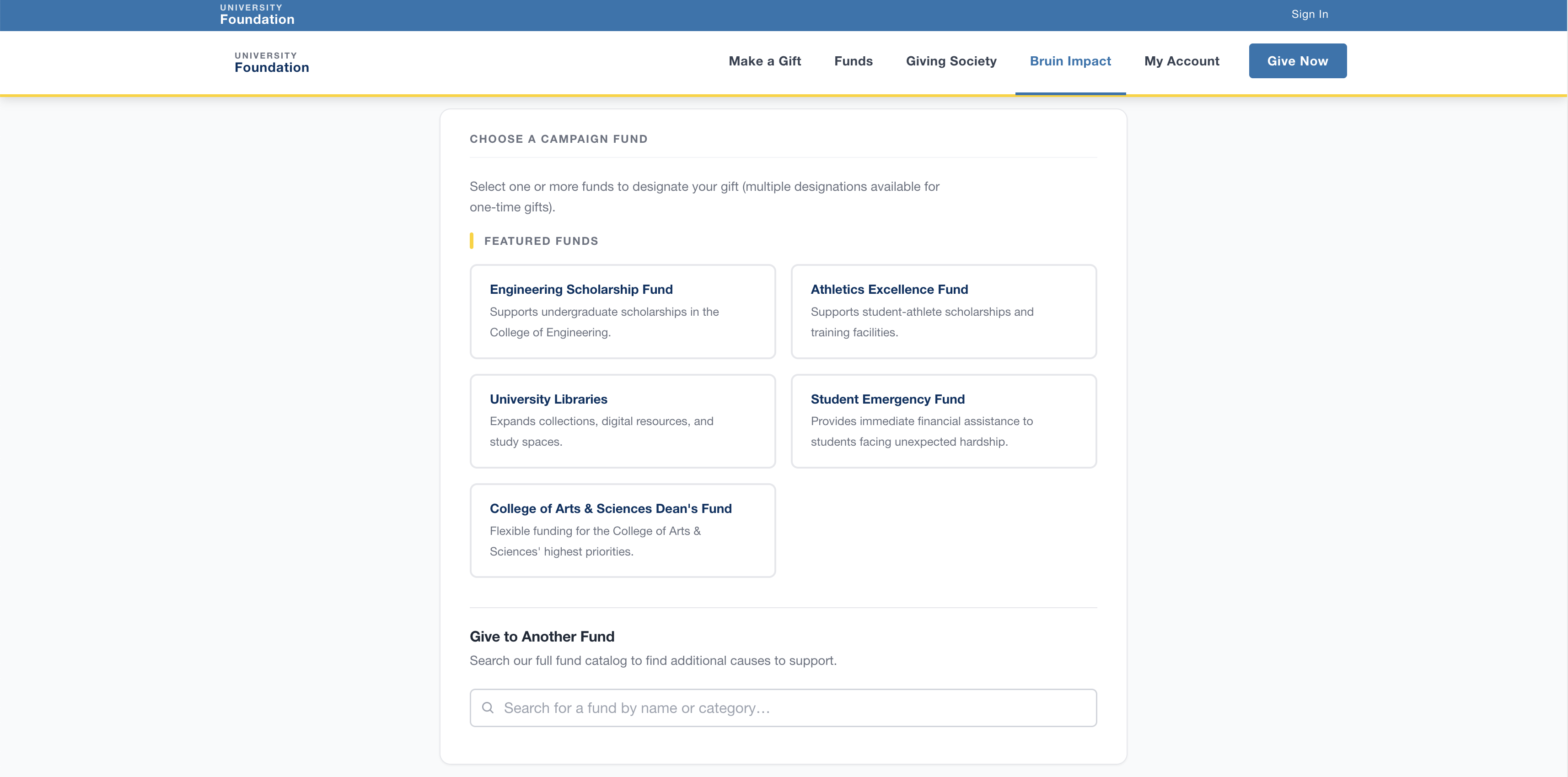 UCLA Online Giving Portal — campaign fund selection