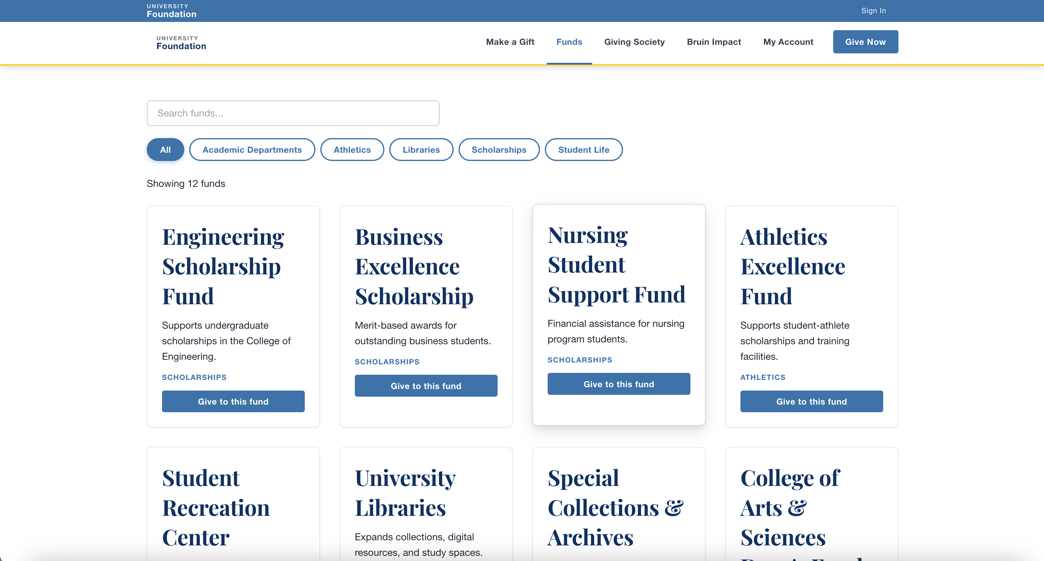 UCLA Online Giving Portal — fund catalog page