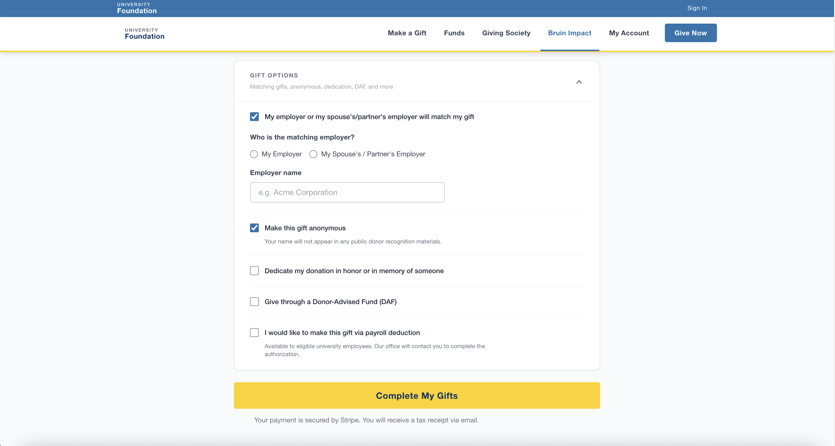 UCLA Online Giving Portal — gift options