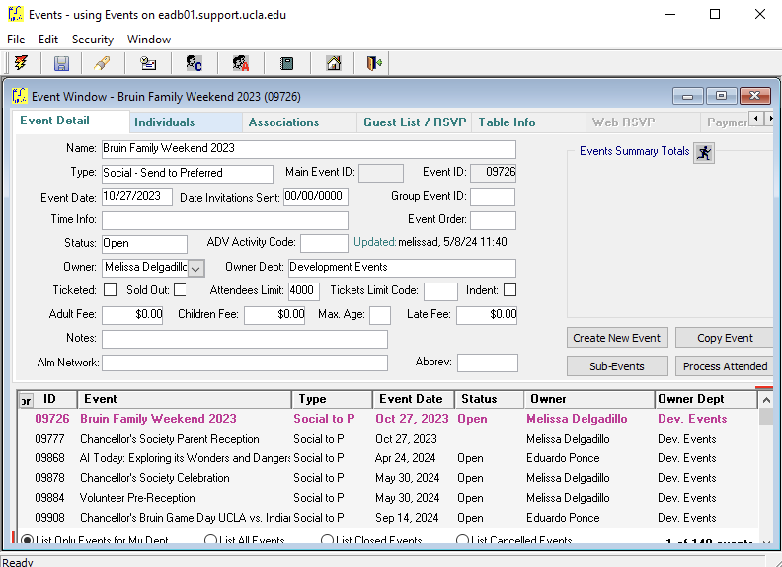 Legacy PowerBuilder RSVP system — desktop-only, developer-configured interface