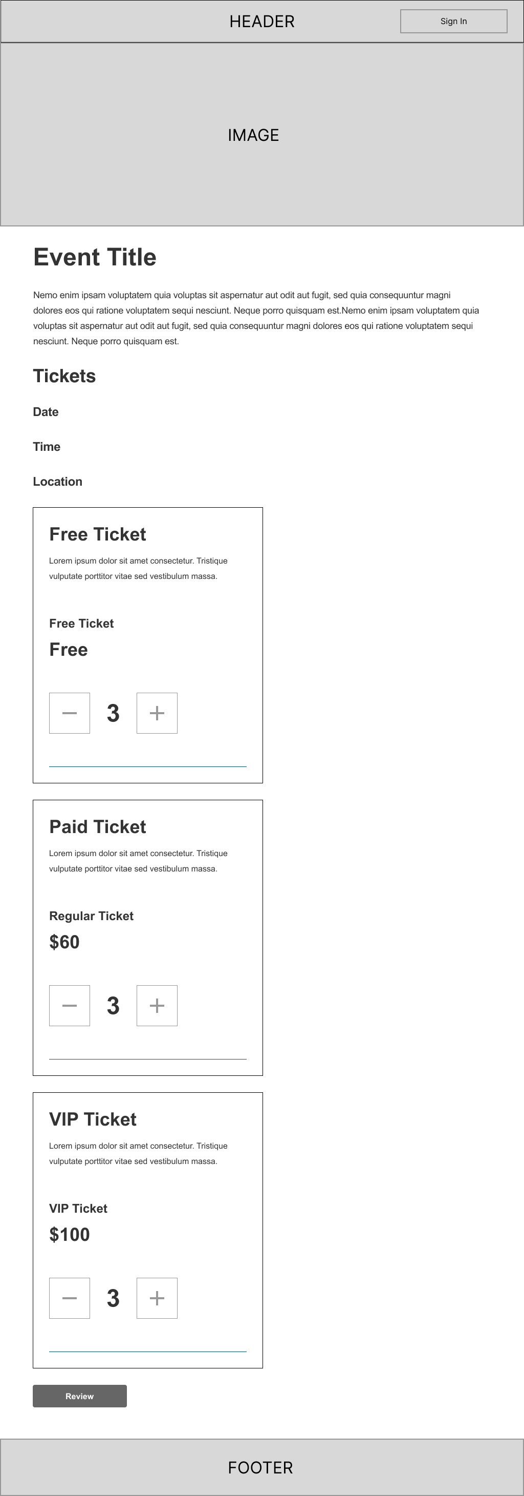 Low-fidelity wireframe showing ticket selection with event details, tiered pricing, and quantity controls